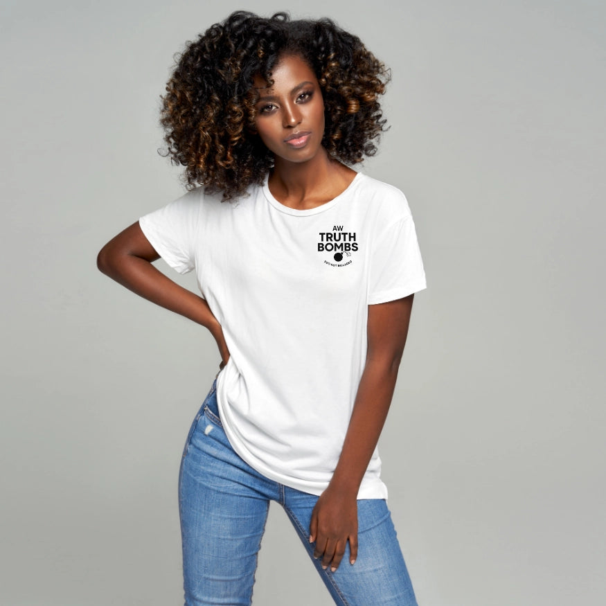 Woman model wearing AW Truth Bombs Ego Not Included White T-Shirt