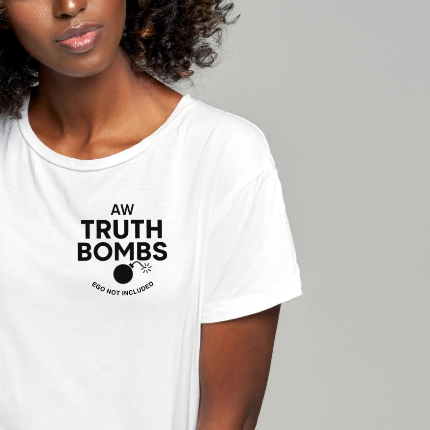 Woman model wearing AW Truth Bombs Ego Not Included White T-Shirt