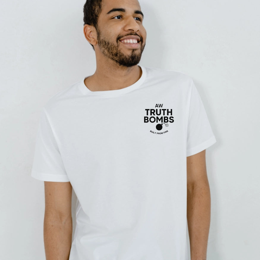 Male model wearing AW Truth Bombs Built from Fire White T-Shirt