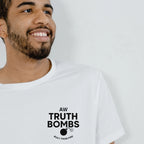 Male model wearing AW Truth Bombs Built from Fire White T-Shirt